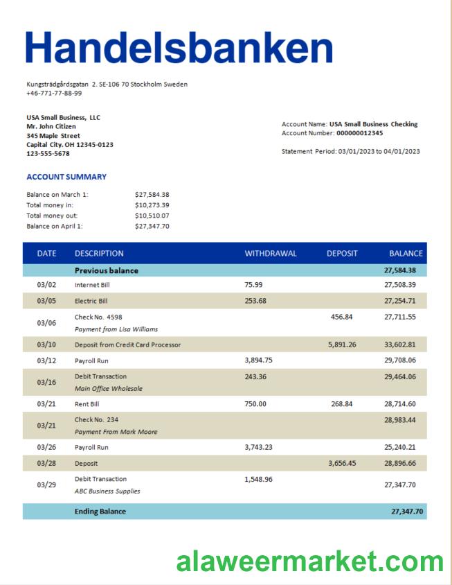 Svenska Handelsbanken Bank firm statement Word and PDF template